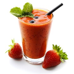 Smooth drink with fresh strawberries blended to perfection isolated on a clean white background for...