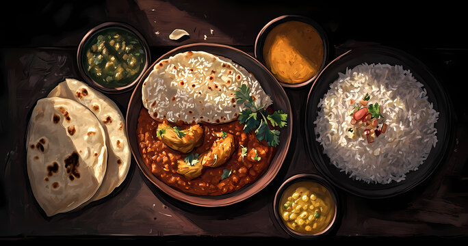 Spiced Delight: A colorful assortment of dishes featuring fragrant curries, fluffy rice, and freshly baked flatbreads create a vibrant celebration of flavors.