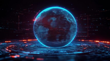 Fototapeta premium Futuristic Digital Earth with Glowing Rings and Holographic Features in Neon Blue Hues
