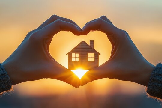 Hands Forming Heart Shape Around Silhouette House with Sunlight and Warm Glow - Powered by Adobe