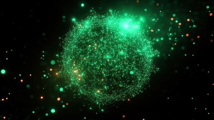 Glowing Green Particle Sphere Wireframe Elements and Digital Technology Grid