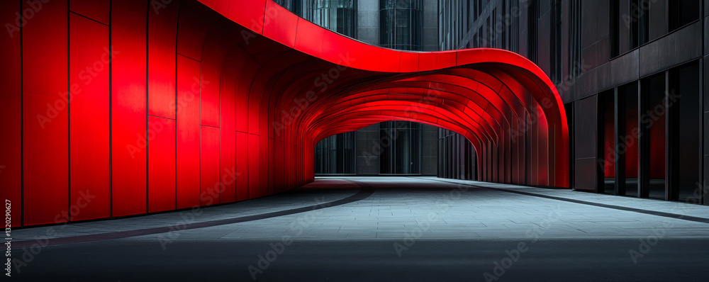 Poster this striking image captures a vivid red architectural pathway, featuring smooth curves that create 
