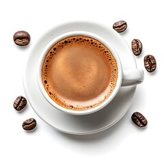 A cup of rich coffee surrounded by whole coffee beans isolated on a clean white background ideal...