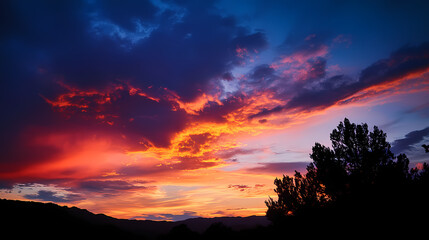 Obraz premium Sunset Symphony: A vibrant tapestry of colors unfolds across the sky as the sun dips below the horizon.