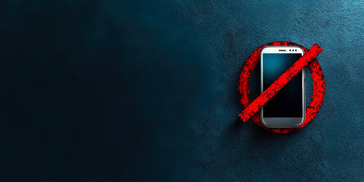 A smartphone resting on a textured surface, enclosed by a striking red circle with a diagonal line through it, symbolizes the need to unplug from technology and embrace tranquility.