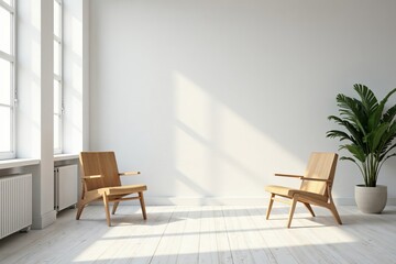 Minimalist loft space with wooden chairs and white walls, room, wooden, white