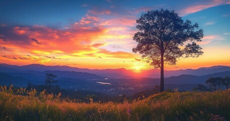 Obraz premium Serene Sunset Landscape with Silhouette of a Tree and Vibrant Warm Tones in Autumn Evening Sky