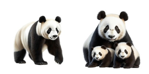 giant panda family on white background digital illustration