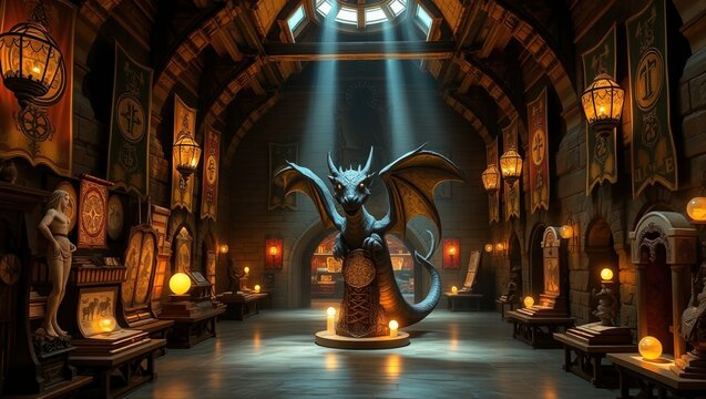 A magical exhibition hall resembling an enchanted castle, with levitating books, glowing orbs, and mystical symbols carved into the ancient stone walls. Soft golden light illuminates the space, highli