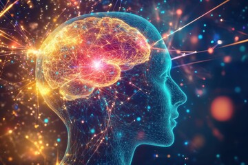 Abstract digital brain, emitting energy, in profile view, with glowing network