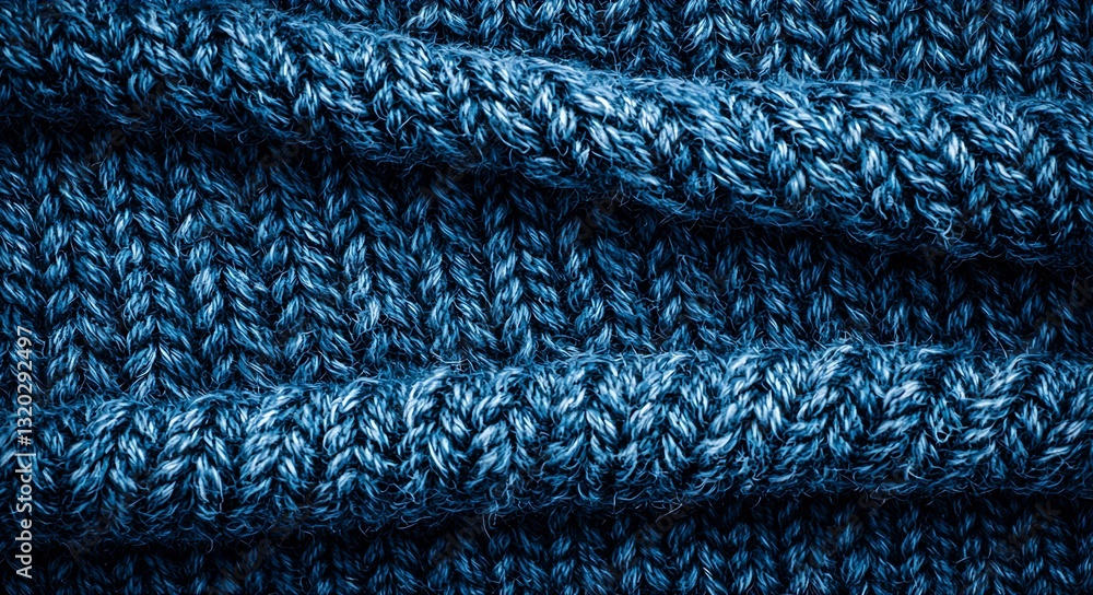 Poster a close-up image of knitted blue fabric showcasing intricate textures and patterns.