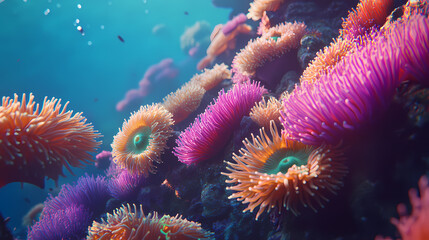 Obraz premium Underwater Garden: A vibrant underwater scene exploding with color, showcasing a lively coral reef, featuring anemones and other marine life, under the crystal-clear water. 