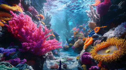 Underwater Coral Reef: A vibrant coral reef scene bursts with color and life beneath the ocean surface, capturing the beauty of the underwater world. 