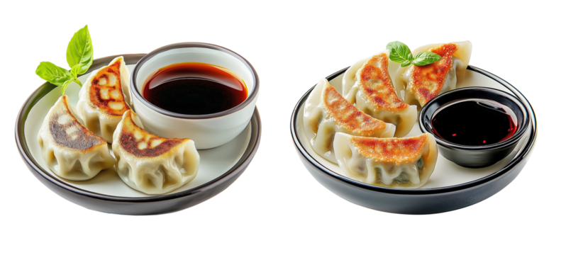 Pan-Fried Dumplings with Dipping Sauce, Asian Cuisine, Traditional Gyoza on White Background for Restaurant Menus and Food Advertisements