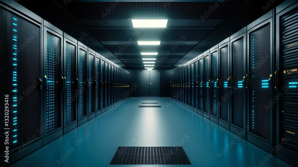 Poster explore the interior of a state-of-the-art data center, showcasing rows of server racks illuminated 