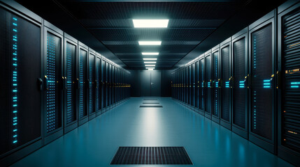 Explore the interior of a state-of-the-art data center, showcasing rows of server racks illuminated with blue LEDs in a sleek, high-tech environment.