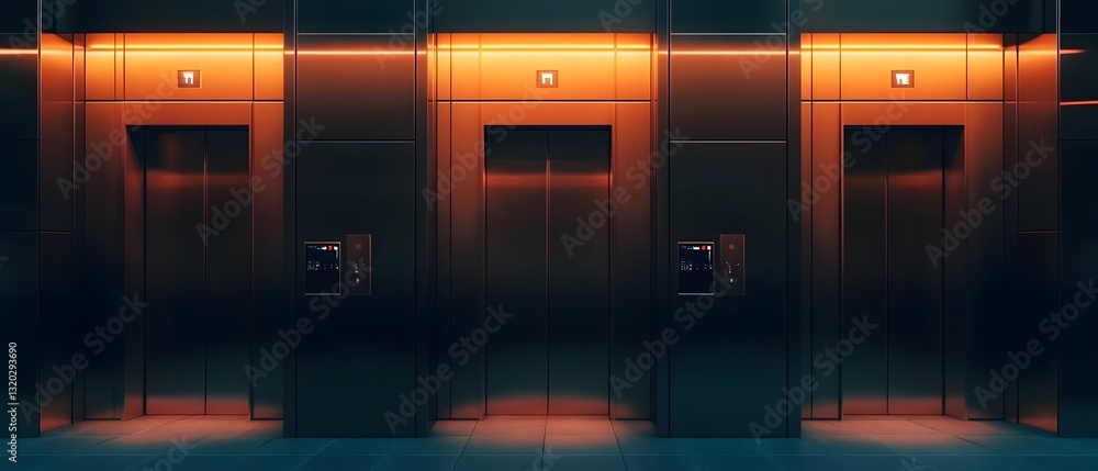 Poster illuminated minimalist elevator lobby with clean lines geometric patterns and reflective surfaces in
