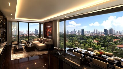 Luxurious modern apartment interior showcasing elegant furniture and city views