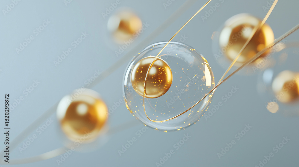 Poster Golden spheres encased in transparent bubbles float gracefully against soft background, creating minimalist abstract composition with sense of elegance and tranquility