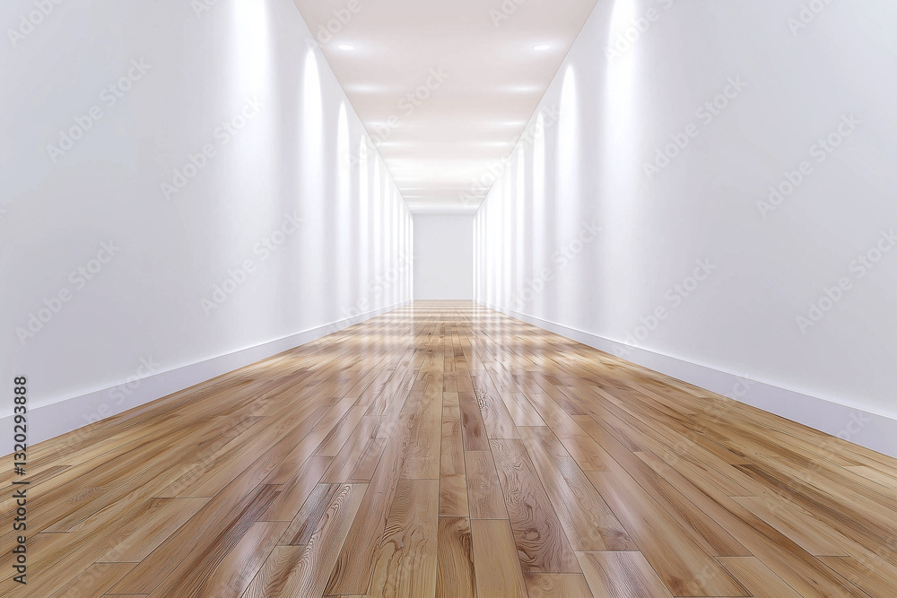 Aufkleber minimalist hallway with clean white walls and polished wooden floor creates serene and modern atmosp