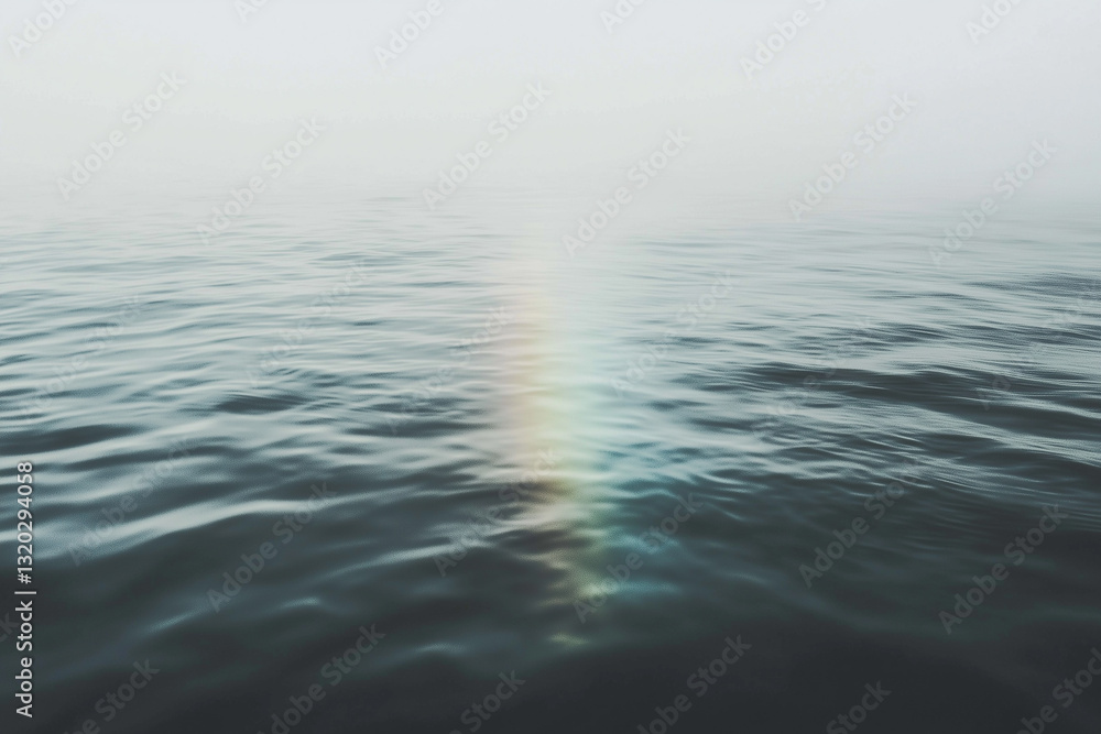 Poster serene ocean scene with gentle waves and faint rainbow appearing through misty atmosphere, creating 