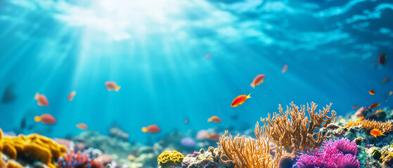 Fototapeta premium vibrant coral reef teeming with colorful marine life under clear blue water, illuminated by sunlight. scene captures beauty and diversity of ocean ecosystems