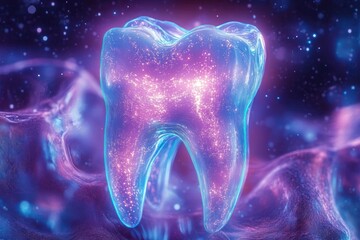 Glowing Tooth Surrounded by Neon Lights in Futuristic Digital Art Style