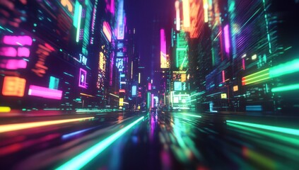 Fototapeta premium Futuristic city street at night with vibrant neon lights and fast motion blur.