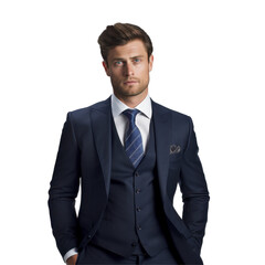 A man in a blue suit and white shirt isolated on transparent background