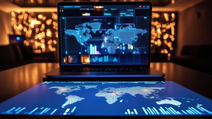 Cybersecurity threat analysis displayed on laptop screen and illuminated world map. Global security data visualization. AI generated