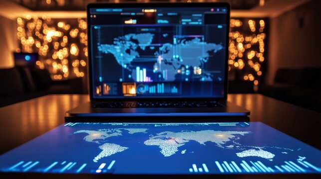 Cybersecurity threat analysis displayed on laptop screen and illuminated world map. Global security data visualization. AI generated - Powered by Adobe