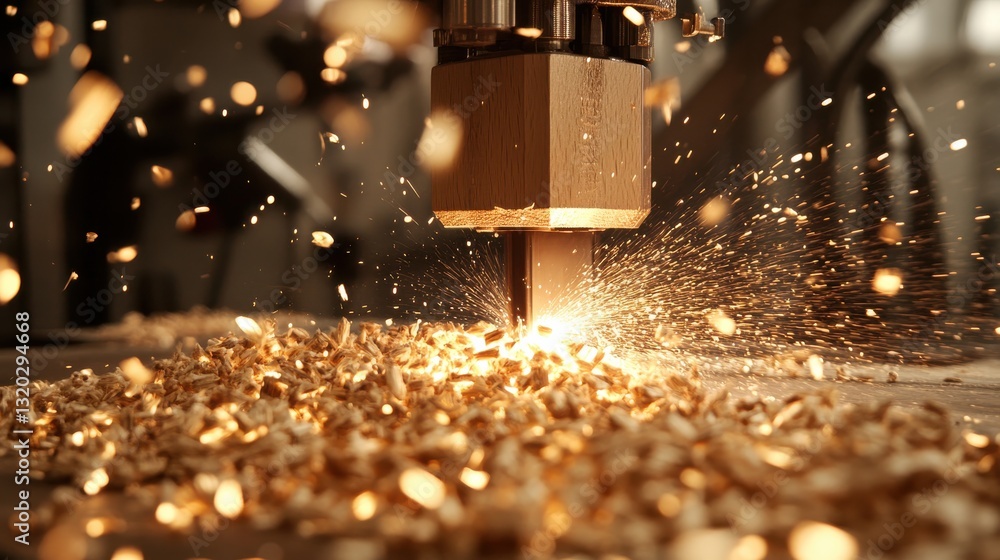 Poster close-up view of a cnc machine cutting wood with sparkling shavings in a well-lit workshop environme