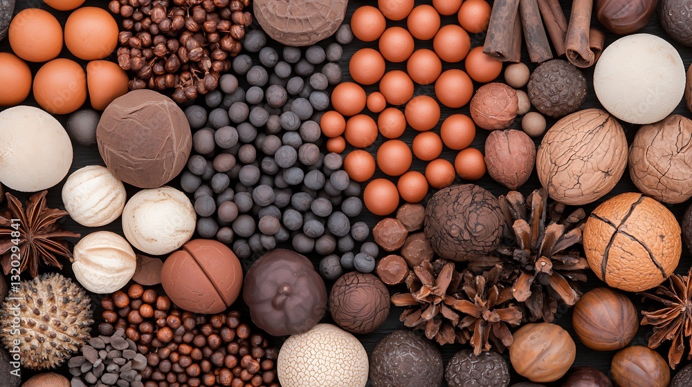 Poster a vibrant assortment of various textured spheres and natural elements in earthy colors, creating a v