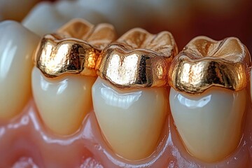 Close-Up of Polished Gold Dental Crowns on Molars with Macro Photography Detail and Soft Natural Lighting