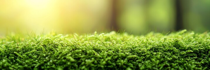 A close-up view of lush green grass illuminated by soft sunlight, creating a serene and natural atmosphere.