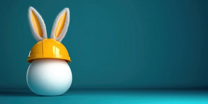 Easter Egg with Construction Helmet and Bunny Ears in Vibrant Teal Background - Creative Design for Engineering and Maintenance Themes