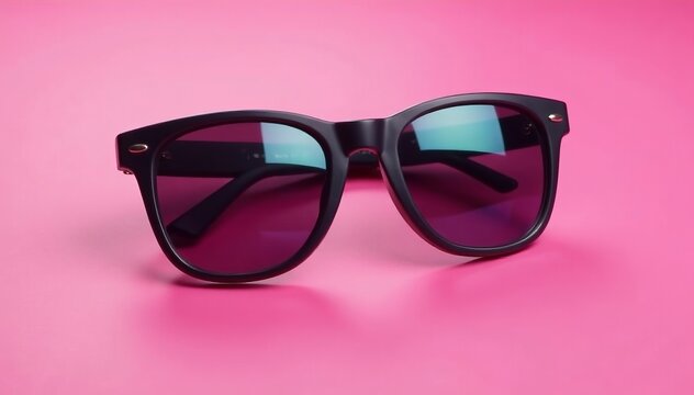 Stylish black sunglasses with reflective lenses on vibrant pink background, hip, eyewear, modern - Powered by Adobe
