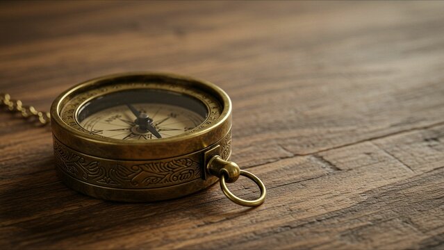 Engraved brass compass on rustic wooden table