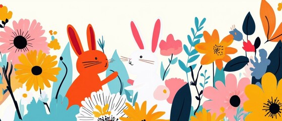 Fototapeta premium Whimsical Spring Equinox Celebration Playful Rabbit Family in Vibrant Floral Wonderland - Sustainable Wellness Design for Seasonal Inspiration and Digital Creative Expression
