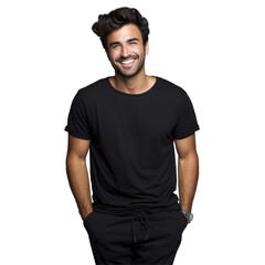 Handsome man is smiling and wearing a black shirt isolated on transparent background