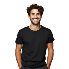 Fit man is smiling and wearing a black blank t-shirt isolated on transparent background