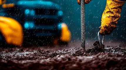 Worker in yellow rain gear inserts metal rod into muddy ground during rain, blurred machinery behind
