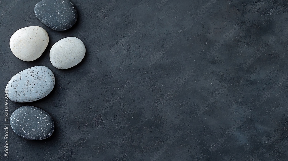 Poster a serene arrangement of smooth pebbles on a dark surface, creating a minimalist and tranquil aesthet