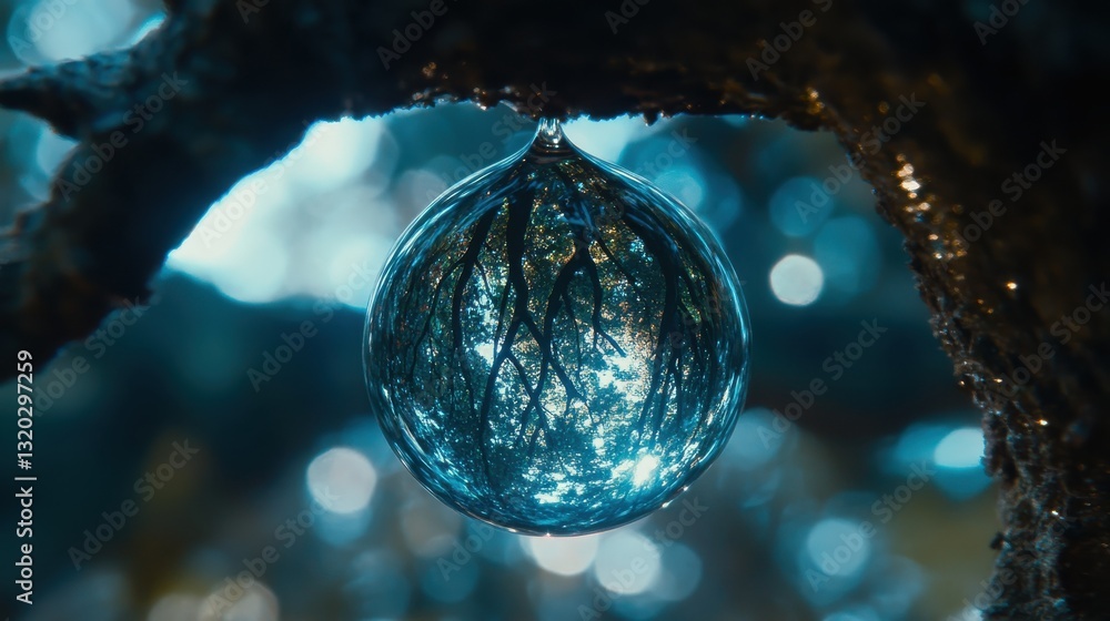 Poster reflective water droplet on branch with forest background and bokeh effect in natural light environm