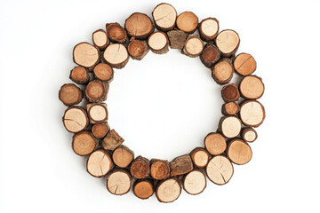 Obraz premium Circular arrangement of wooden logs on a white background, showcasing natural textures and patterns.