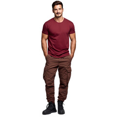 Fototapeta premium A man in a red shirt and brown pants isolated on transparent background