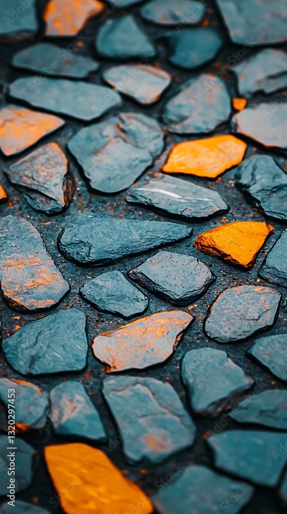 Poster a close-up view of textured stones in various shades, featuring dark blues and vibrant oranges, crea