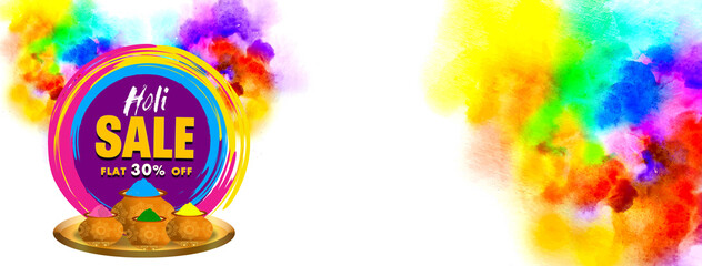 Sale poster, banner or flyer for Holi Festival. Creative Sale Poster, Banner or Flyer design with dry colours and sweets for Indian Festival, Happy Holi celebration