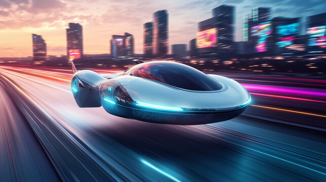 Carro futurista voador em movimento r&aacute;pido pela cidade moderna iluminada por neon