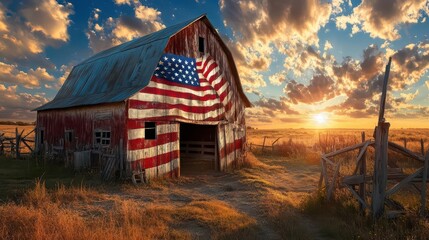 Rustic Barn with American Flag under Dramatic Sunset Sky